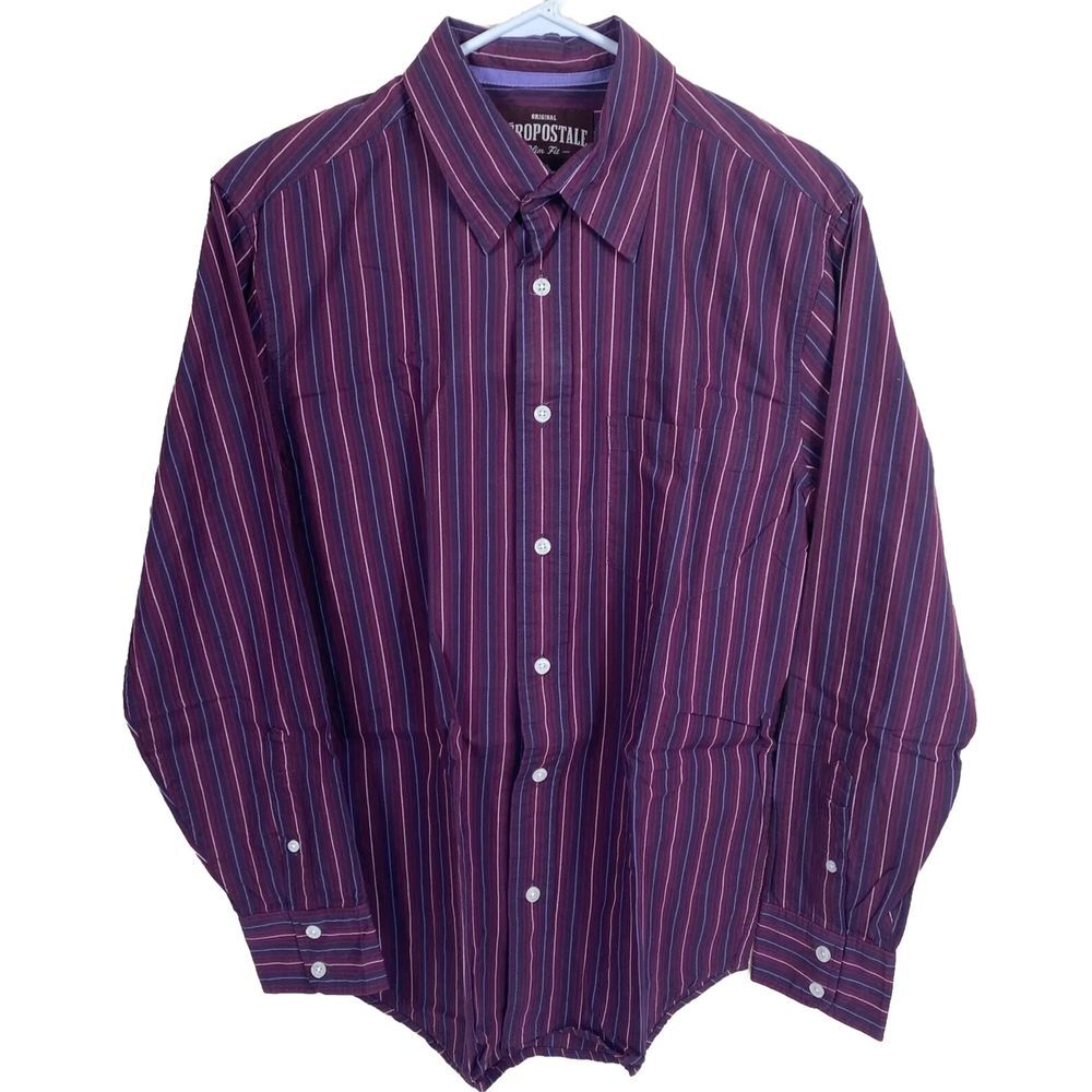 Aeropostale Slim Fit‎ Shirt Mens Size S Red Maroon Striped Long Sleeve Button Up